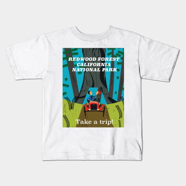 Redwood Forest National Park California travel poster Kids T-Shirt by nickemporium1